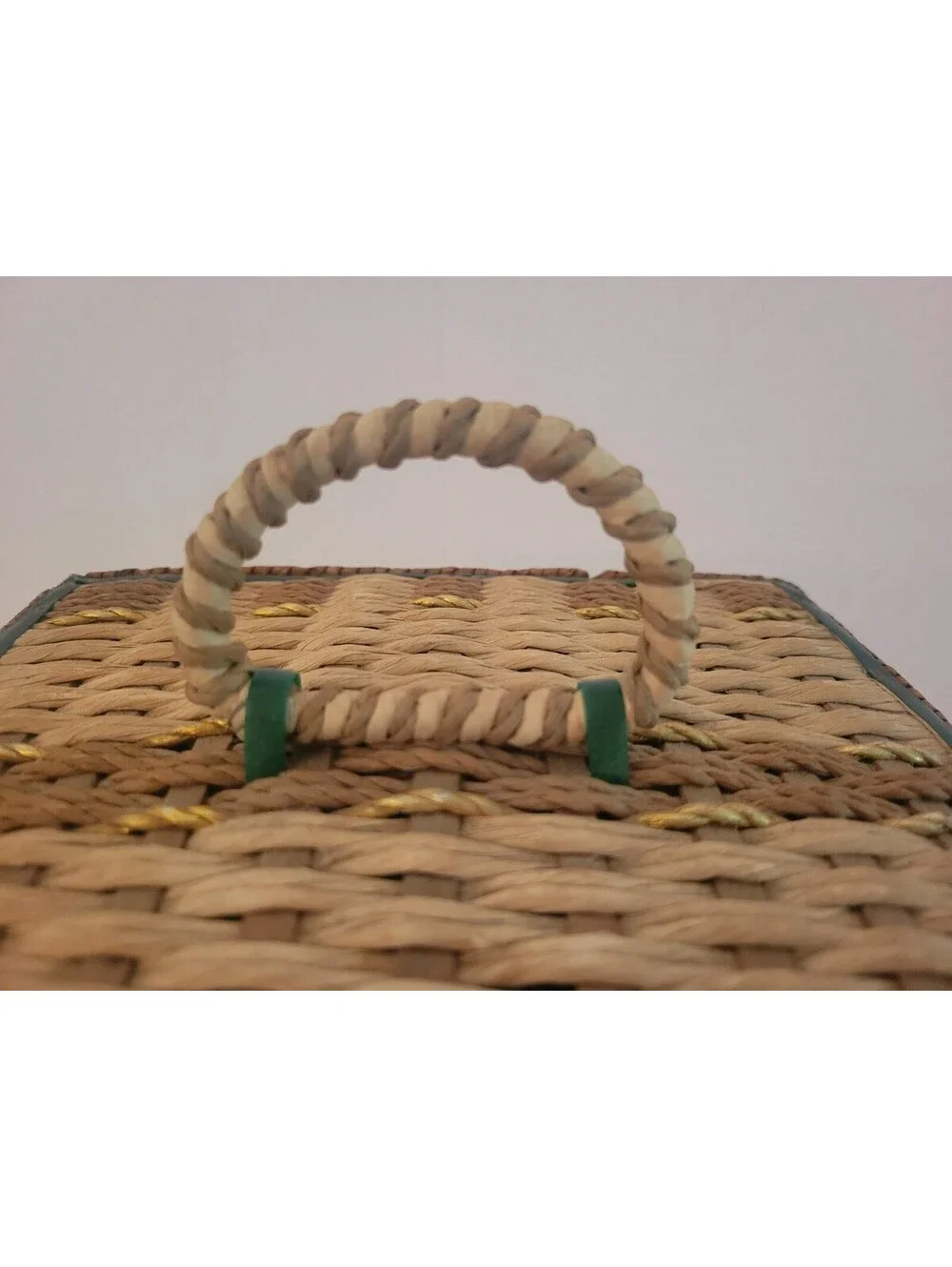 Vintage Dritz Brown Wood Wicker Musical Sewing Basket Green Lining